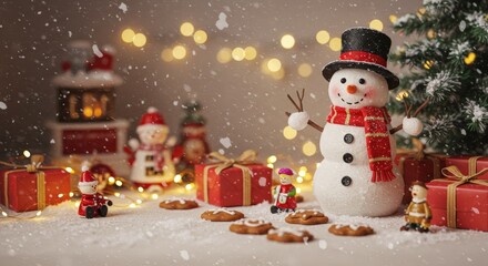 Winter holiday christmas background banner - Closeup of cute funny laughing snowman with wool hat and scarf, on snowy snow snowscape with bokeh lights, illuminated by the sun (Generative Ai)