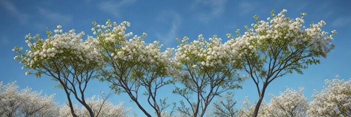 Whitebeam trees with blossoming branches against a clear blue sky, landscape, clear blue, nature