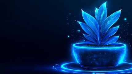 Wall Mural - Glowing Blue Plant in Futuristic Pot with Sparkling Effects on Dark Background