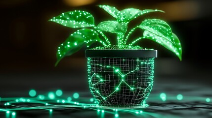 Wall Mural - Glowing Potted Plant with Futuristic Digital Design and LED Light Effects in a Modern Indoor Setting