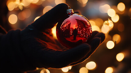 Red Christmas ornament in gloved hands with bokeh lights