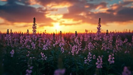 Aufkleber - A stunning sunset casts a golden glow over a field filled with blooming pink flowers, creating a serene atmosphere as day turns to night.