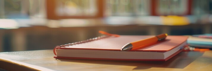 Poster - Notebook and pen resting on a desk in a modern classroom filled with bright orange chairs during a sunny day. Generative AI