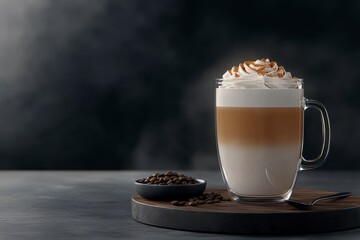 Delicious latte in a glass mug with whipped cream and coffee beans.