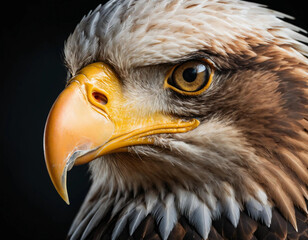 close-up of an eagle's face, showcasing intricate details of its sharp, piercing eyes, textured feat