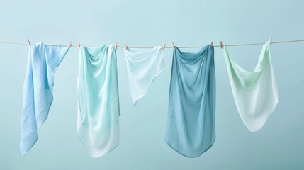 Leinwandbilder - Freshly washed linen hanging on a clothesline under clear blue sky in bright daylight creating a serene atmosphere. Generative AI