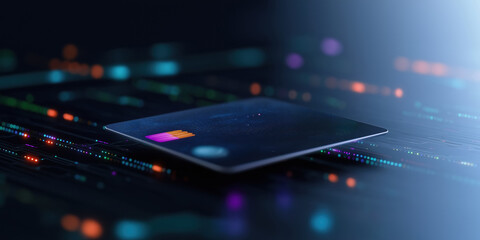 A credit card is shown on a screen with a colorful background. The card is placed on a dark surface, and the background is filled with bright colors and patterns. Concept of modern technology