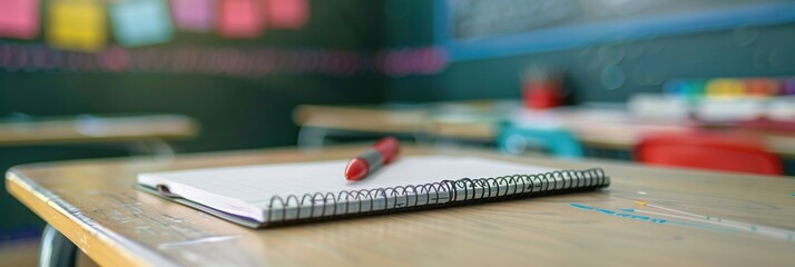 Aufkleber - Blank notebook and red pen on a school desk during a quiet classroom moment in a learning environment. Generative AI