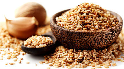 Wall Mural - Sesame seeds in a wooden bowl and garlic on a white background.