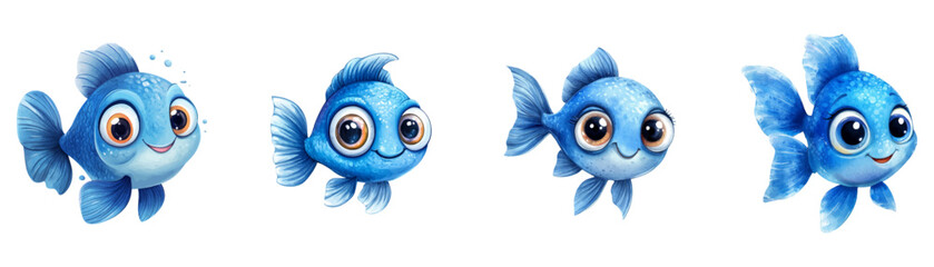 Wall Mural - set of cute blue fish cartoon character vector illustration on a white background