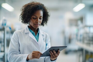 Focused healthcare professional using tablet in lab