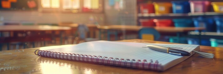 Leinwandbilder - Notebook and pen resting on a desk in a modern classroom filled with bright orange chairs during a sunny day. Generative AI