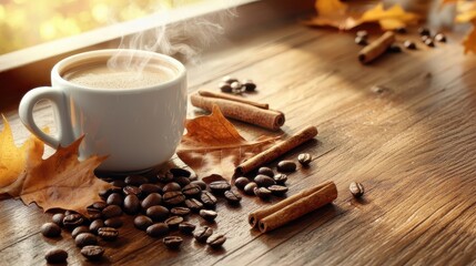 Wall Mural - A cozy autumn setting with a wooden table adorned with a steaming cup of freshly brewed coffee, surrounded by scattered roasted coffee beans, cinnamon sticks, and dried autumn leaves. Warm sunlight 