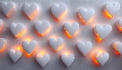 Poster - 3D White Glossy Heart Shapes with Warm Orange Glow, Abstract Romantic Background for Valentine's Day, Love, Relationships, Wedding Invitations, Anniversaries, or Digital Creative Design Projects