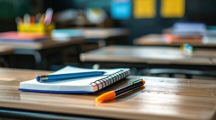 Poster - Notebook and pen resting on a desk in a modern classroom filled with bright orange chairs during a sunny day. Generative AI