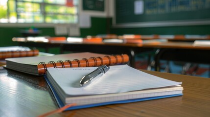 Leinwandbilder - Notebook and pen resting on a desk in a modern classroom filled with bright orange chairs during a sunny day. Generative AI
