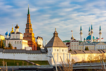 Kazan Kremlin cityscape with Kul-Sharif mosque and Suyumbike tower, Russia