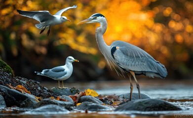 Great blue heron with two seagulls by a river, autumn leaves, golden hour light, wildlife photography.