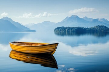  Tranquil wooden rowboat floating on still mountain lake with clear reflection and distant peaks