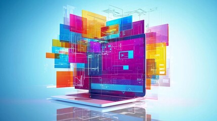 Colorful digital interface layers emerging from a laptop, symbolizing dynamic web development and design.