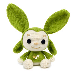 Knitted stuffed toy in the form of a kind fairy tale forest character made of woolen threads on a white background