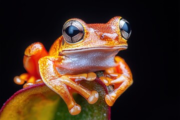 Wall Mural - Vibrant orange frog perched on a leaf, close-up macro photography showcasing intricate details.