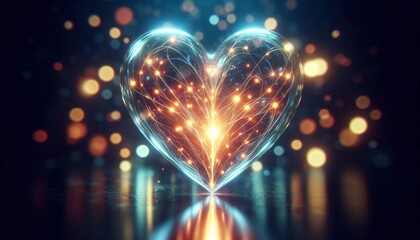 Wall Mural - Glowing glass heart with inner light, bokeh background