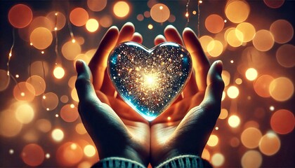 Wall Mural - Glowing glass heart with inner light, bokeh background