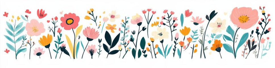 Wall Mural - A colorful floral arrangement featuring various flowers and leaves, creating a vibrant, artistic border design.