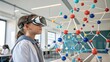 © Justlight - Curious elementary school student wearing a virtual reality headset, exploring a colorful molecular structure model in a modern science classroom, experiencing immersive learning