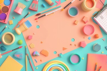 Poster - Creative workspace filled with educational materials including paints, brushes, and sketchbooks in a vibrant arrangement. Generative AI