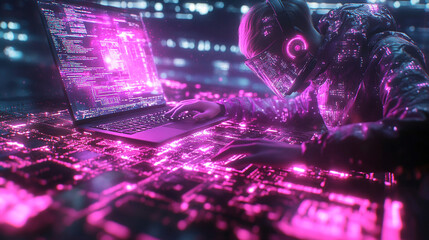  programmer typing JavaScript on a laptop, with digital circuit board graphics and code snippets on the screen, symbolizing the intersection of software development and hardware technology.