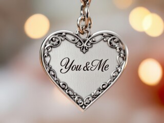 Heart-Shaped Keychain Close-Up with 'You & Me' Engraving