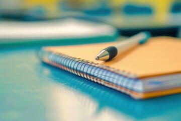 Aufkleber - Notebook and pen resting on a desk in a modern classroom filled with bright orange chairs during a sunny day. Generative AI