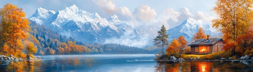 Wall Mural - A serene mountain landscape showcases a cozy cabin by a tranquil lake, surrounded by vibrant autumn foliage and majestic peaks, Ideal for nature-themed projects, travel promotions, or wall art,