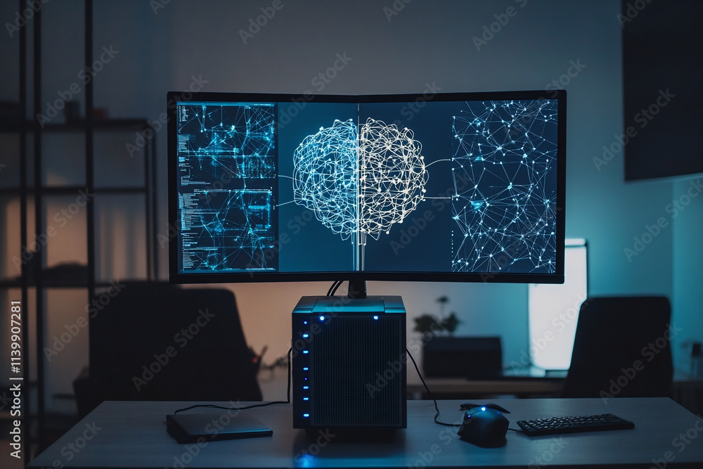 AI workstation, powerful computer setup with a compact server unit and ...