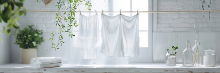 Aufkleber - Freshly washed linen drying naturally on a clothesline in a bright, airy indoor space with plants and sunlight. Generative AI