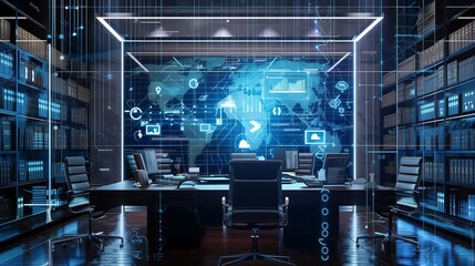 Wall Mural - a law office featuring an augmented reality screen projecting ai ethical guidelines, legal framework