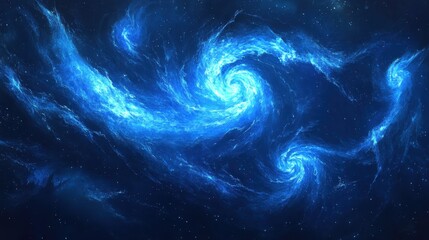 A swirling galaxy depicted in vibrant blue hues against a starry background.