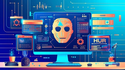 Wall Mural - a modern workspace with virtual screens displaying ai policy documentation, ethical responsibility g