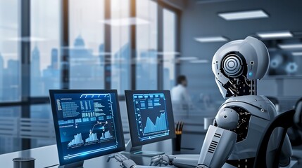 Wall Mural - a modern workspace with virtual screens displaying ai policy documentation, ethical responsibility g
