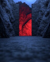 Canvas Print - Glowing red portal between dark rock formations.