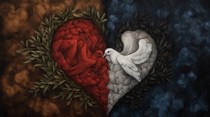  Two doves, one red and one white, face each other in a heart-shaped formation surrounded by leaves.