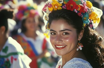 A beautiful Mexican woman with an elegant smile, wearing colorful traditional and flowers on her head