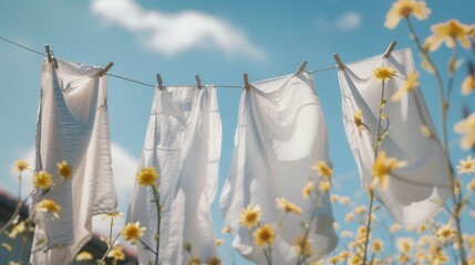Poster - Freshly washed linen billows gently on a clothesline under a bright blue sky during a sunny afternoon in a flower filled garden. Generative AI