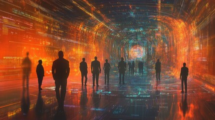 Wall Mural - silhouettes within a digital data tunnel