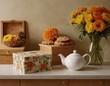 © Viktor Petrushenko - A serene still life featuring a white teapot, floral box, cookies, and vibrant yellow flowers.