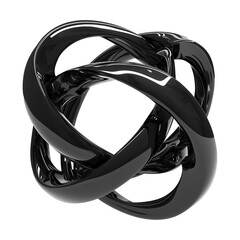 Poster - sleek black metallic 3D abstract shape with high contrast and smooth reflective surfaces, resembling interwoven knot or loop, set against transparency background