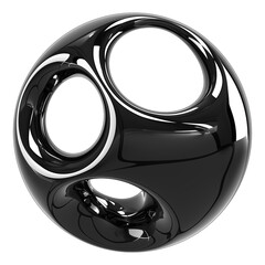 Poster - sleek black metallic 3D abstract sphere with smooth, hollowed out shapes and high contrast reflections, showcasing futuristic Y2K inspired design