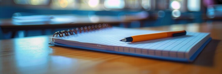 Leinwandbilder - Notepad and pen placed on a wooden table in a study area with soft lighting and blurred background distractions. Generative AI